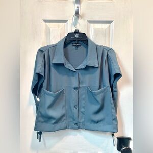 Cute Slate Blue Cropped Button-Up Blouse